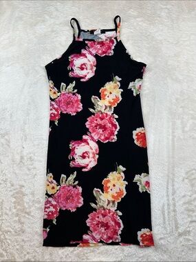 Beware! Womens M Floral Bodycon Dress Black Pink Yellow Sleeveless High Neck USA